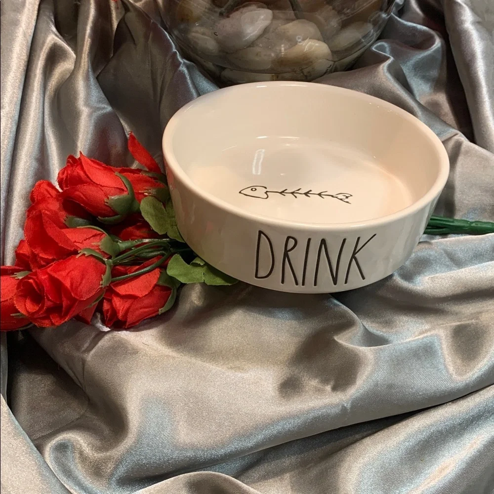 🌹RAE DUNN • White 'Drink' Ceramic Small Pet Bowl